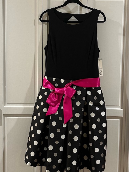 Eliza J Dresses & Skirts - Eliza J Black Polka Dot Party Dress with Hot Pink Sash, NWT, Size 14